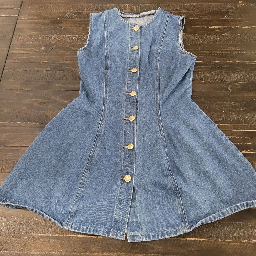 SHEIN Blue Denim Mini Dress Sleeveless Gold Button Womens Medium 6